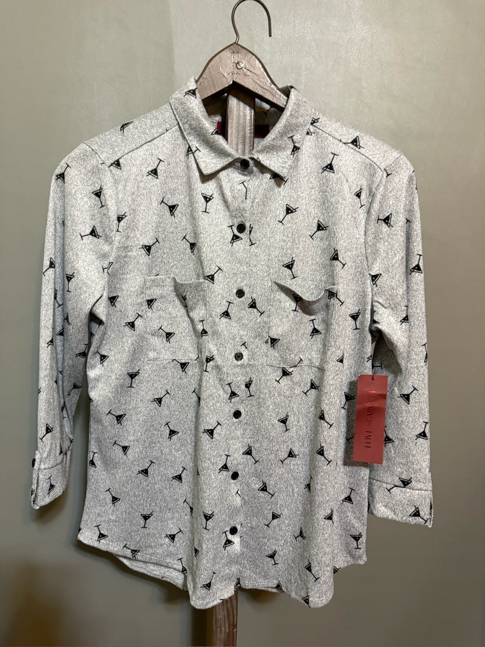 Love Scarlett gray Button-Front Blouse with Black Martini Print